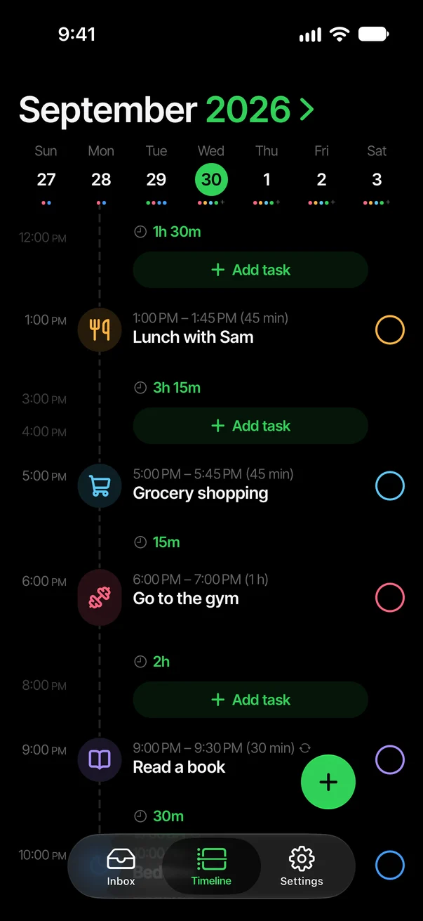 DayBoost timeline with a free evening before reading and bedtime