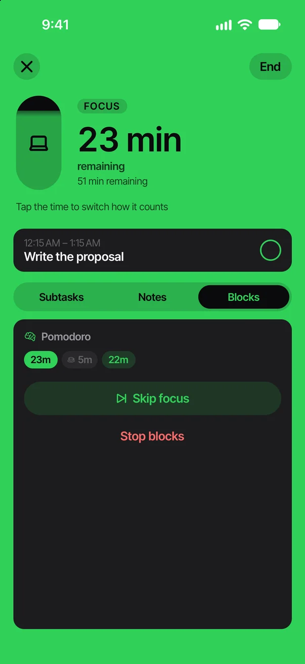 DayBoost focus timer showing 23 minutes of focus remaining