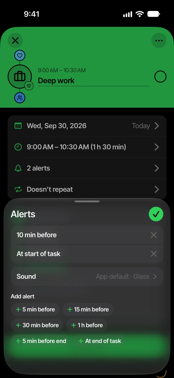 DayBoost reminders: 10 minutes before and at the start of a task